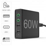 Hama rýchla stolná USB nabíjačka so stojančekom, 2x USB-C PD/QC, 2x USB-A, 60 W